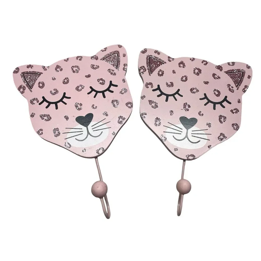 Girls pink leopard glittery cute girly room decor chic wall hook set of 2